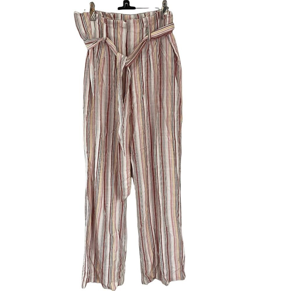 Kim Rogers Fly Front High Waisted Pants Brown and White Striped with Belt Size 6